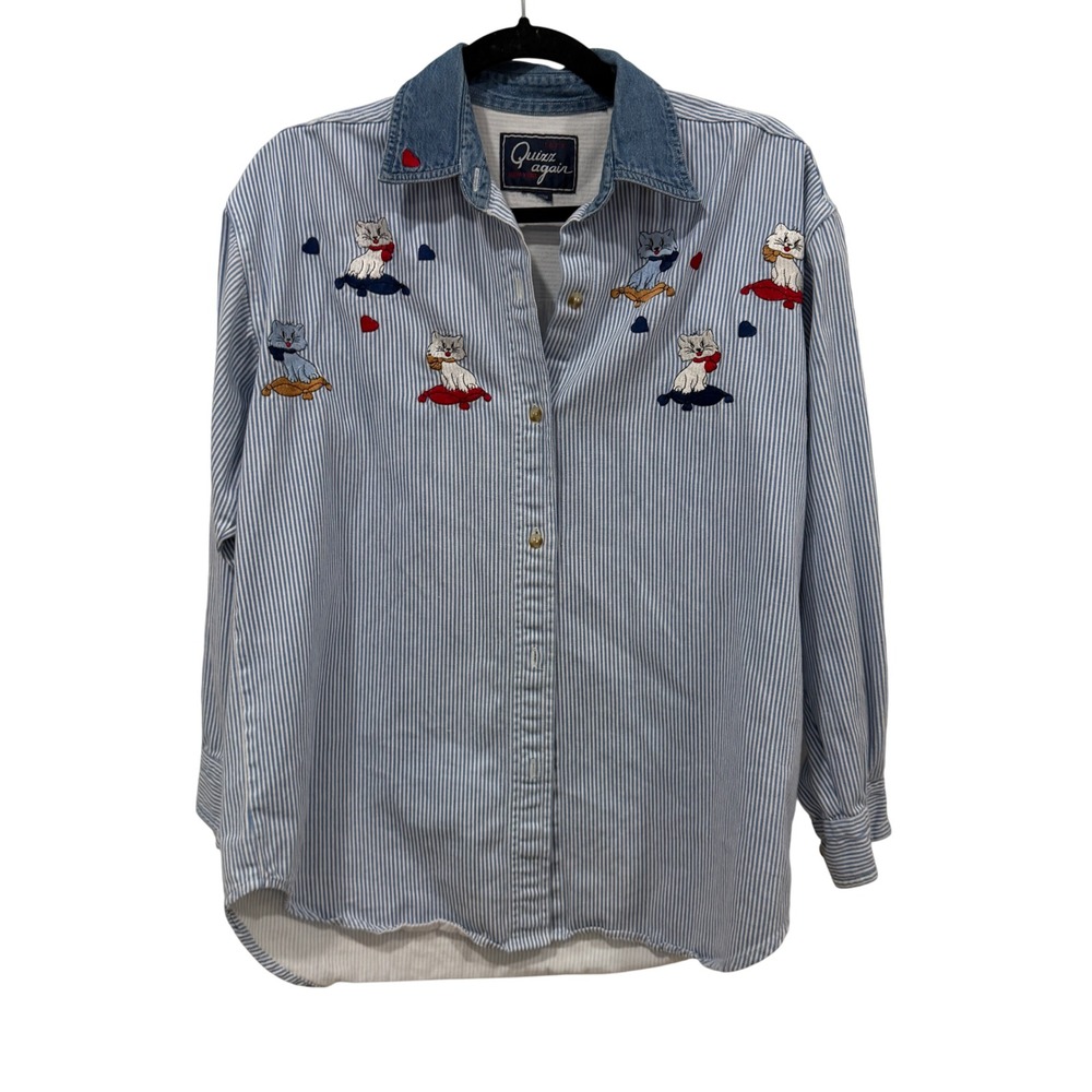 Let's Quizz Again Vintage Cat Embroidered Striped‎ Shirt Denim Collar Blue White